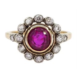 Early 20th century 15ct rose gold round synthetic ruby and milgrain set old cut diamond cluster ring, with diamond set shoulders