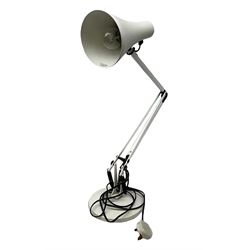 Anglepoise lamp, model number 90 in white with angled beam and weighted base, stamped Anglepoise