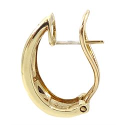 Pair of 14ct gold emerald, ruby, sapphire and diamond half hoop earrings, in satin gold finish by by Colombian Emeralds International, boxed with certificate 