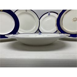 Collection of Regimental dinner wares, Comprising Royal Sussex; two dinner plates, two side plates and a soup bowl, Royal Leicestershire; two dinner plates, East Yorkshire Regiment side plate and Gordon Highlanders side plate, all decorated with the regiment's crests and blue and gilt boarders (9)