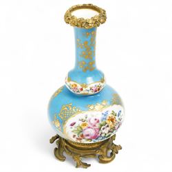 19th century French porcelain vase in the manner of Sevres, the reserves painted with birds within a landscape and floral bouquets, on a turquoise ground with gilt highlights, with ormolu style gilt metal collar and base, H26cm