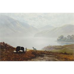 After Gerald Coulson (British 1926-): Herding Sheep on the Lakeside, colour print 50cm x 75cm in gilt frame, together with three small gilt framed prints max 9cm x 13cm (4)