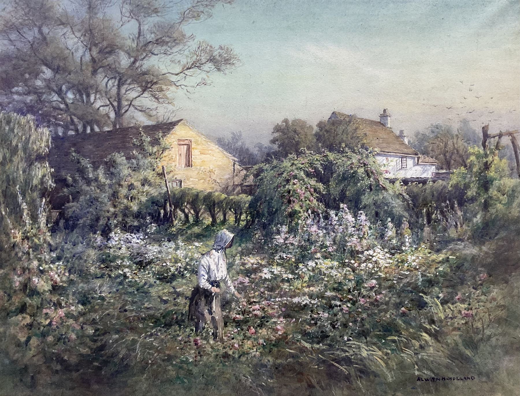 Alwyn Henry Holland (British 1861-1935): Young Woman in a Cottage Garden, watercolour heightened in white signed 47cm x 62cm 
Notes: Holland born in Sheffield, son of a Grocer, managed the family business and was a member and secretary of the Sheffield Society of Artists.