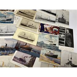 Sixty-five early 20th century postcards of passenger liners including White Star, Red Star, Atlantic Transport, Anchor, Cunard, Henderson, Booth, Union Castle, Holland America, Lamport & Holt, P. & O., New Zealand, Canadian Pacific, British India etc; and ten Edwardian postcards of Naval warships and officers (75)