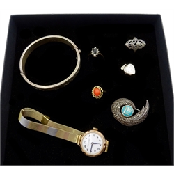  9ct gold coral ring and 9ct gold stone set cluster ring, silver marcasite ring and brooch, early 20th century 9ct gold watch on gold-plated strap and silver bangle and pendant, all hallmarked or stamped   