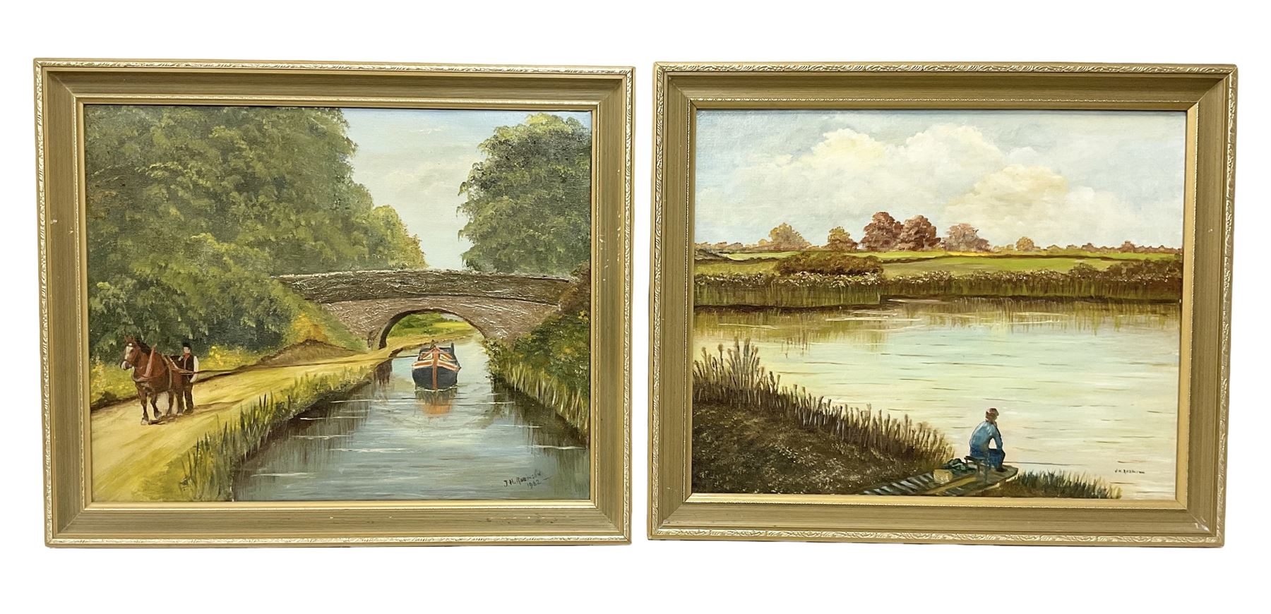 J H Robinson (British 20th century): Canal and Lake Landscape, pair oils on board, signed and dated 1982 (2)