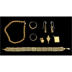 9ct gold jewellery including pair of Mackintosh design earrings, two bracelets, keepers ring, wishbone ring and three charms