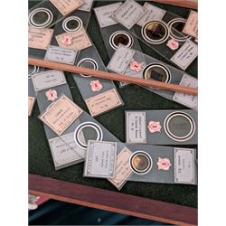 Victorian collector's specimen cabinet, containing a number of prepared microscope slides including miniature photographs, animal and human pathological, physiological and histological specimens and botanical specimens, mostly annotated in ink, the cabinet with glazed door, the drawers with bone handles and lined with green felt, owned by Dr Arthur Bristow, together with a picture of the doctor, cabinet H43cm