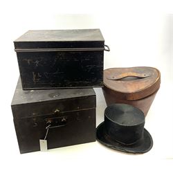 A black silk top hat, contained within a fitted leather hat box, together with a metal deed box, and further ebonised finish box. (3). 
