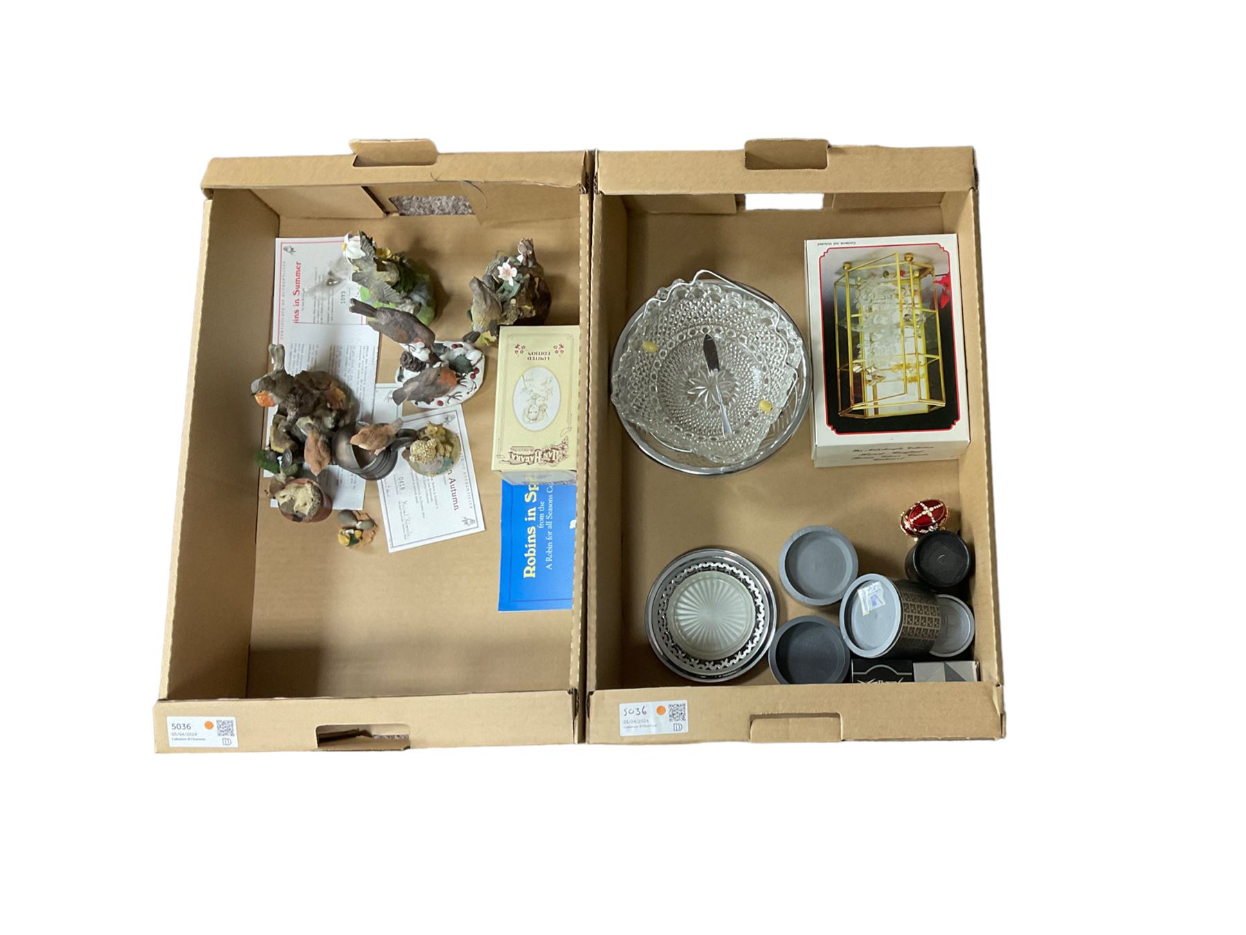 Swarovski crystal figures, together with glass display case, Danbury mint figures etc, in two boxes 