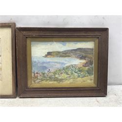 James Ulric Walmsley (British 1860-1954): Ravenscar viewed from Smailes Moor Farm, watercolour signed 16cm x 30cm; Sheila Walmsley (British mid 20th century): Spring Flowers above Robin Hood's Bay, watercolour signed 17cm x 25cm (2) 
Notes: Sheila was James Ulric's daughter.