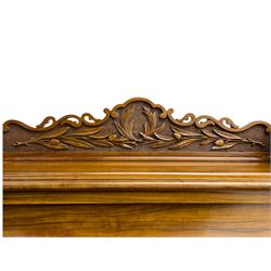 Fine and unusual 19th century olivewood piano top davenport, raised shaped back carved with olive branches and olives, the top hinges to reveal lidded and correspondence compartments, the piano lid enclosing sliding top with hinged and adjustable writing surface with leather inset, right-hand panelled door enclosing four drawers, olive branch and scroll carved cabriole front supports on moulded and shaped platform, turned cup feet with recessed castors 