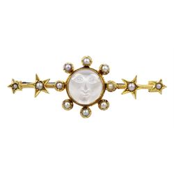 Victorian 15ct gold moonstone and seed pearl brooch, the carved 'Man in the Moon' moonstone with pearl surround and two pearl set stars set either side