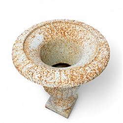 Pair of Victorian design painted cast iron garden urns, egg and dart rim, tapering column on pedestal base