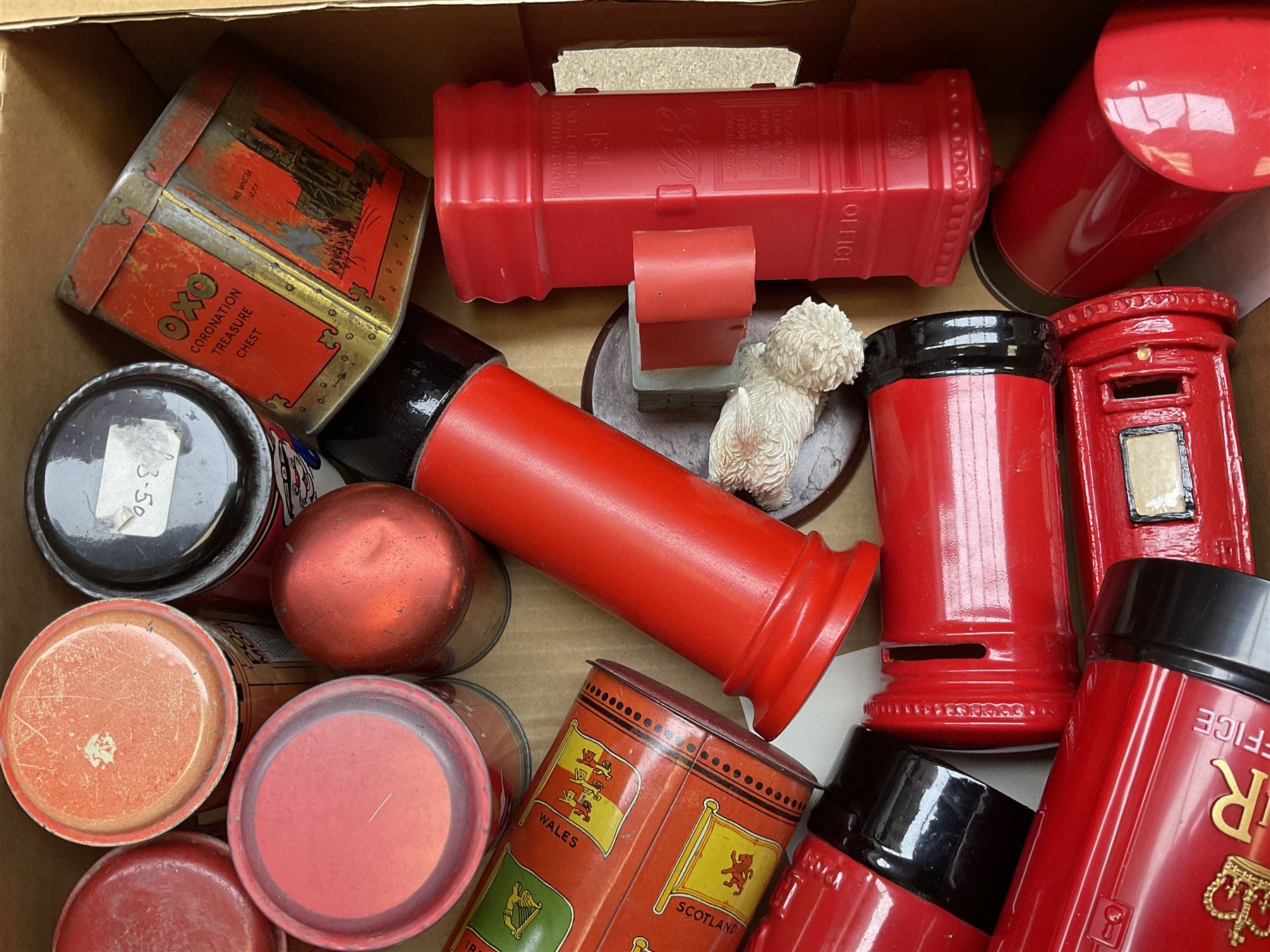 Collection of Post Box money boxes comprising ceramic, tin plate and plastic models, to include Crested Ware money boxes bearing motto ‘I Can’t Get a Letter From You So Send You The Box’ etc in three boxes