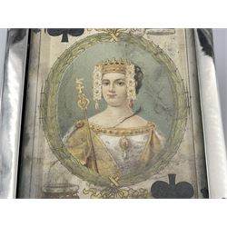 Edwardian silver mounted playing card case, hallmarked William Harrison Walter, Birmingham 1903, the sides each with a period playing card set behind a bevelled glass panel, the hinged cover with later engraving 'Presented to Norman T Crombie Esq by the officers & men of the 31st WR Detachment for services rendered 1917-1918', with red leather lined interior, the three compartments upon a sprung base and containing two later wooden Whist markers, case H12.5cm