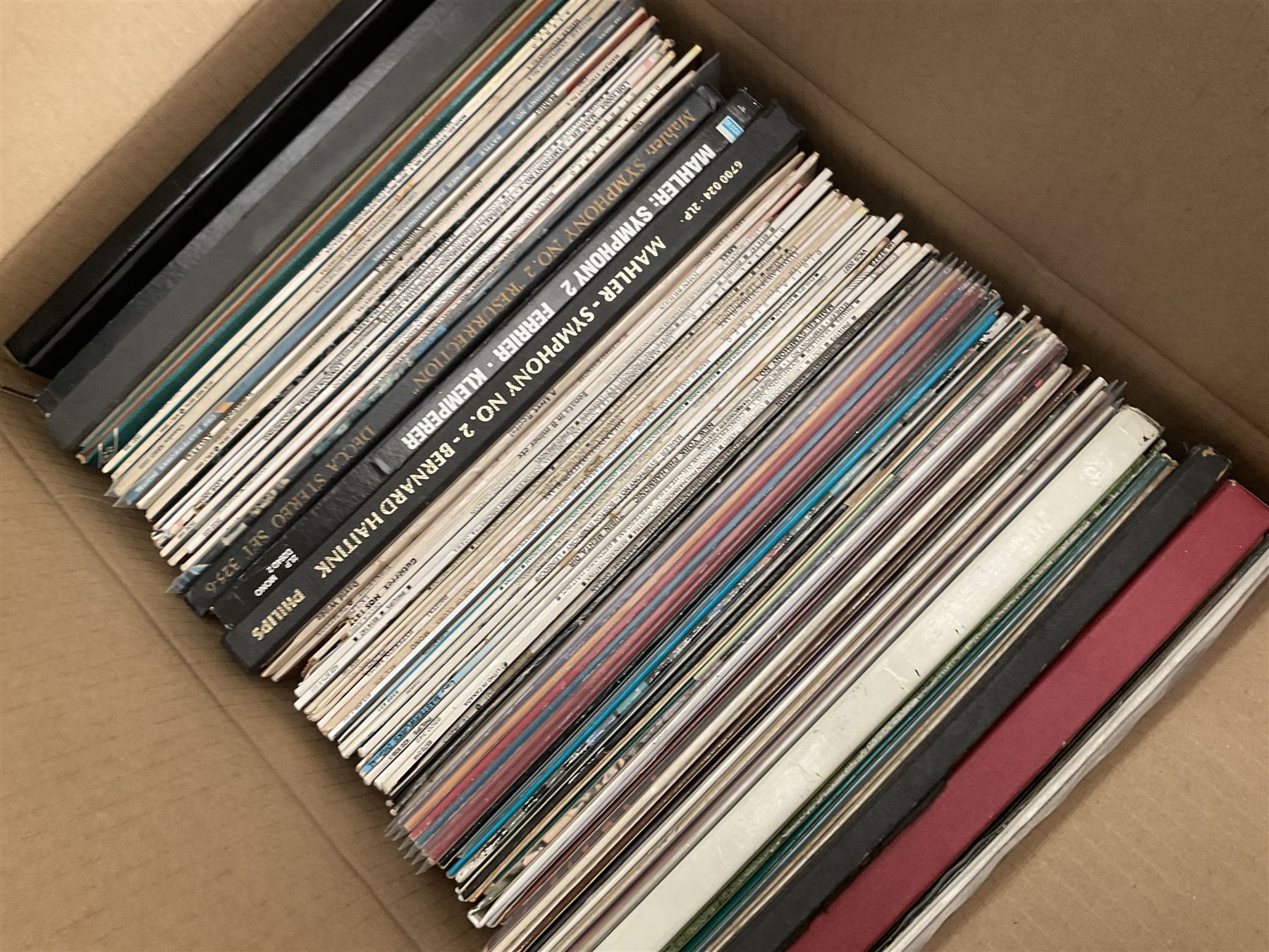 Collection of vinyl LP records in six boxes, mainly Classical, including Stravinsky Pulcinella, Andre Previn Music Night, Valerie Tryon, etc