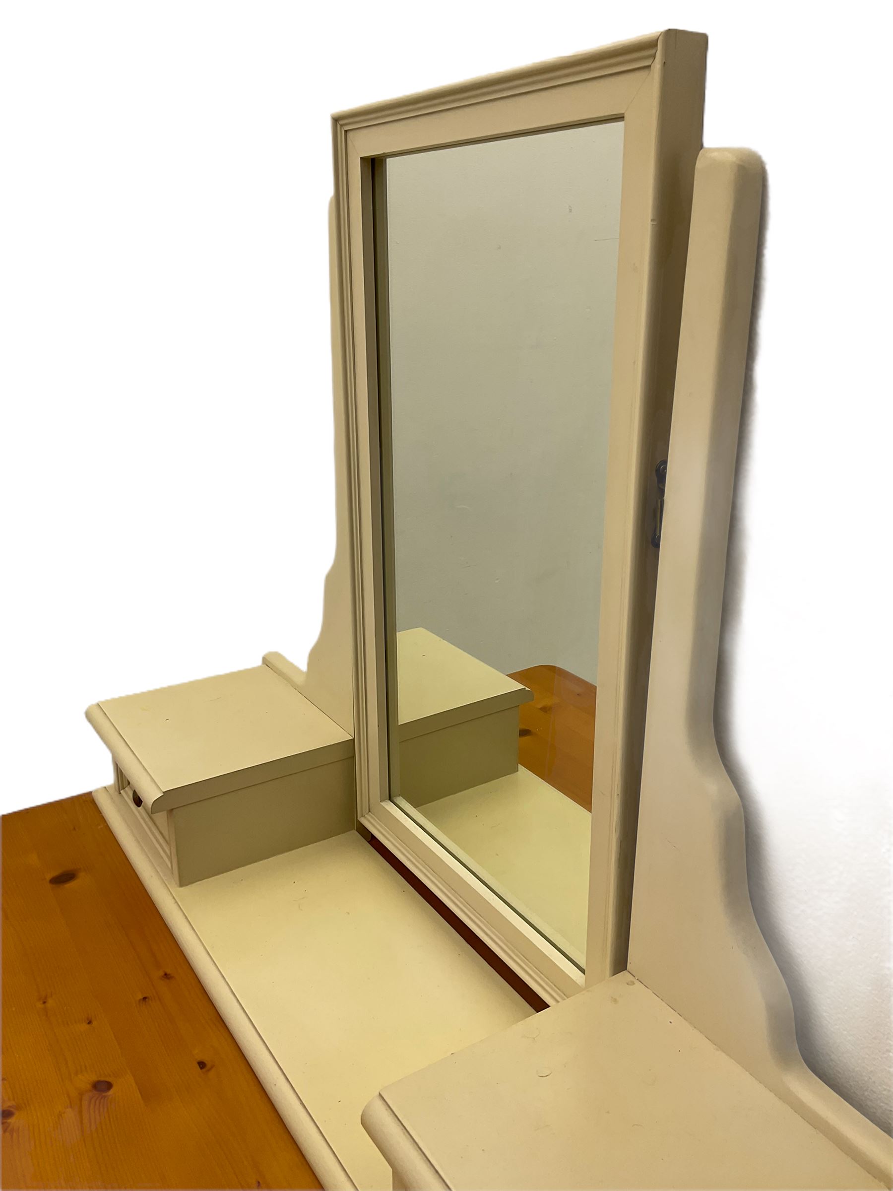 Laura Ashley pine and cream finish vanity chest, fitted with two short and three long drawers, swing mirror back