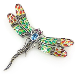  Plique-a-jour, marcasite and stone set dragonfly pendant/brooch, stamped 925   