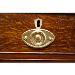  George III oak chest of two short and three long drawers, original oval brass plate handles, shaped bracket supports, W126cm, H109cm, D56cm  