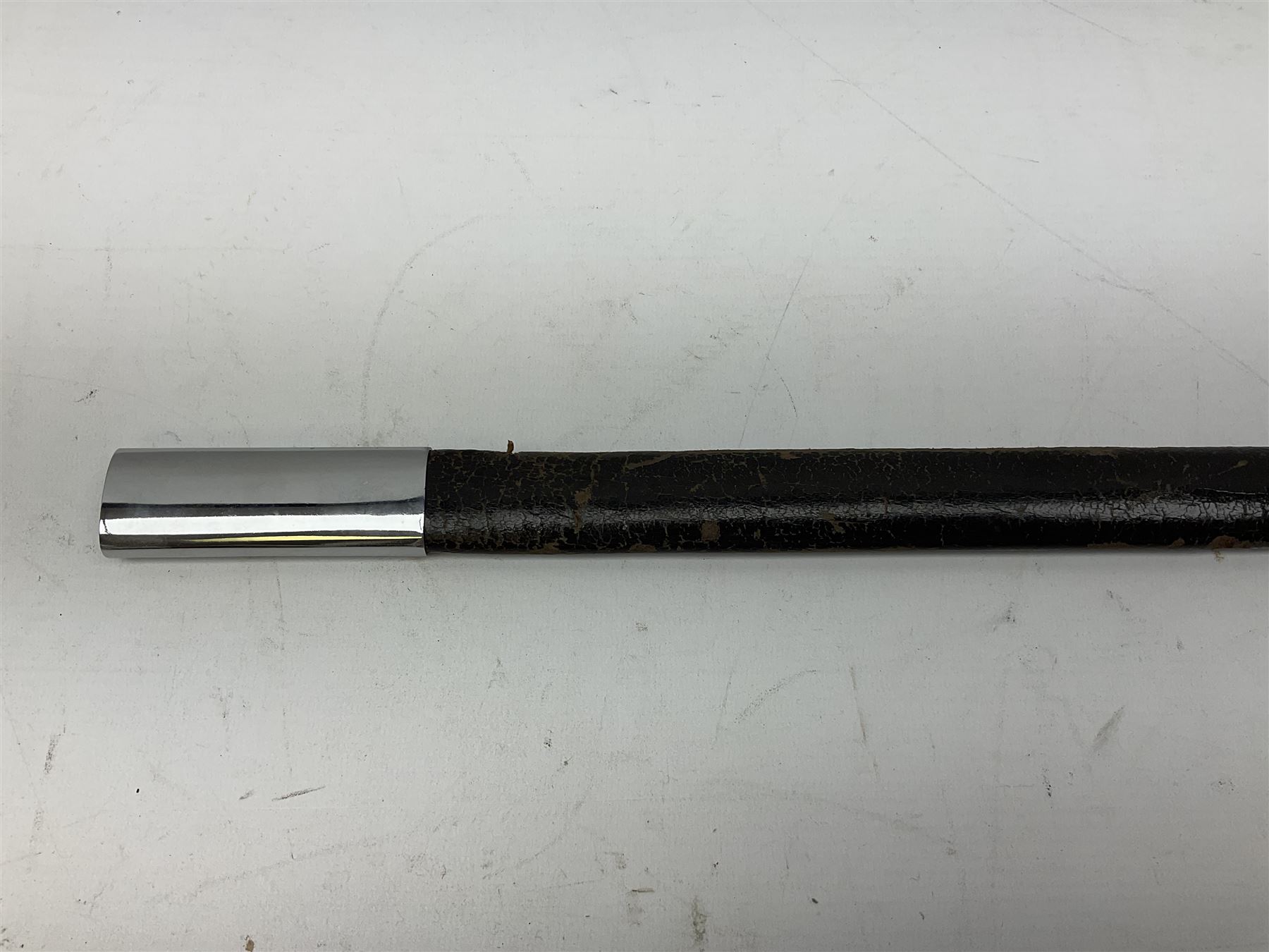 Replica knight's longsword, the 91.5cm double-edged steel blade with basket hilt and wire-bound bone grip with spherical pommel, in leather scabbard L112cm overall