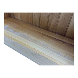 Contemporary light oak open bookcase, rectangular form with projecting top, fitted with five adjustable shelves, on a straight plinth base