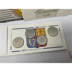 Great British and World coins, including small number of pre 1920 silver coins, pre-decimal coinage, commemorative crowns, Britain's first decimal coins sets in blue wallets, Swiss francs etc