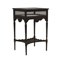  Edwardian Chippendale Revival ebonised bijouterie cabinet, blind fret decorated hinged glazed top on slender square supports joined by a shaped galleried undertier, W49cm, H76cm, D42cm   