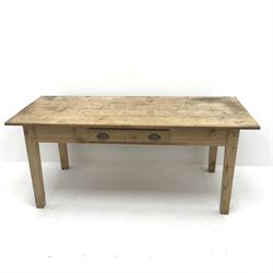 Rectangular pine farmhouse table, single drawer, square supports W188cm, H79cm, D79cm 