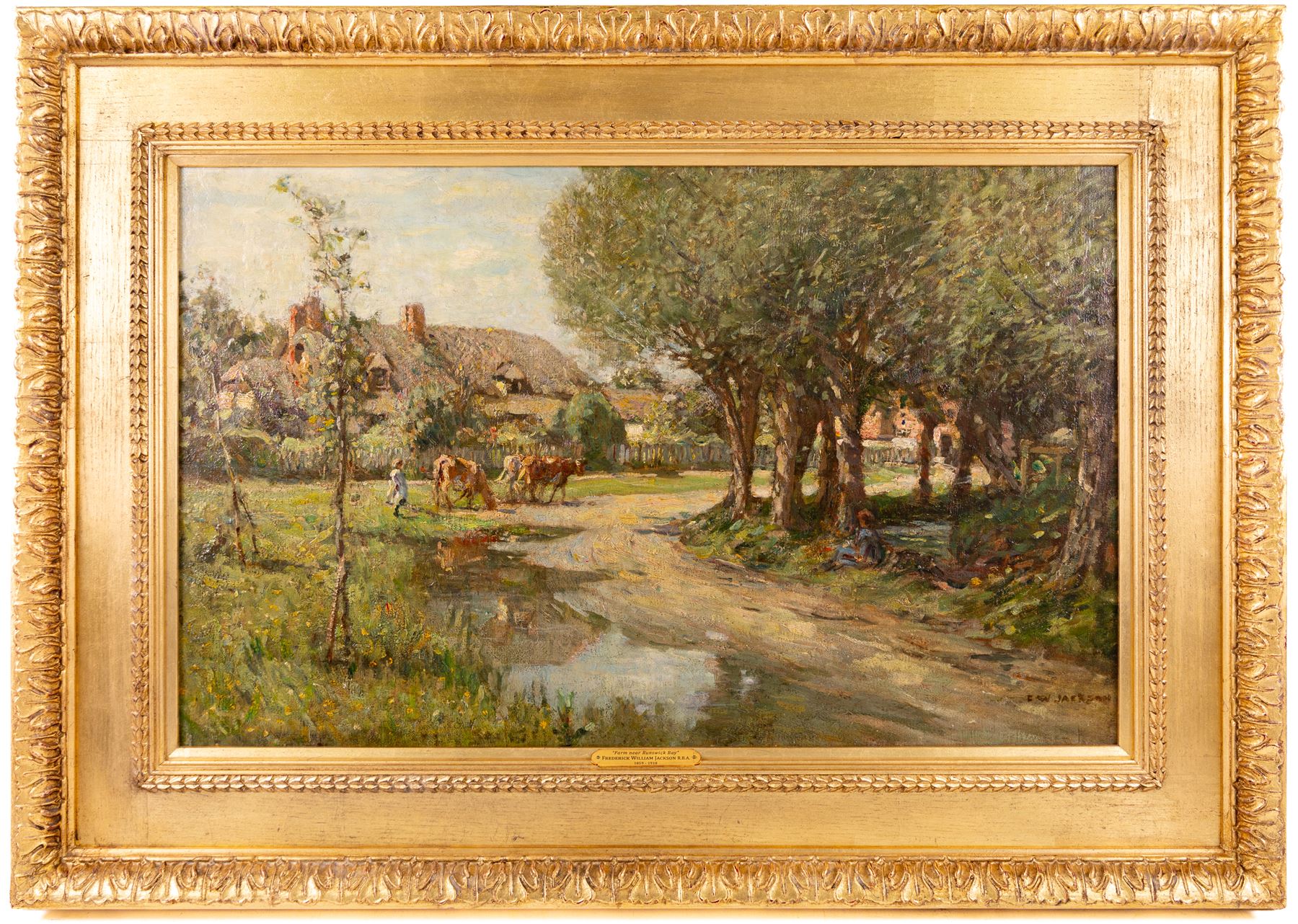 Frederick William Jackson (Staithes Group 1859-1918): 'Farm near Runswick Bay', oil on canvas signed, titled on plaque 45cm x 73cm 
Provenance: exh. Walker Galleries, Harrogate, label verso