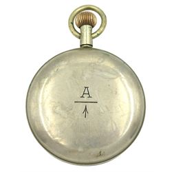 Royal Flying Corps Mark V military pocket watch by Omega, No. 5239490, black dial with Arabic numerals and subsidereary seconds dial, marked 30 hour non-luminous, B.B.7468, the case back with Broad Arrow beneath underlined A
