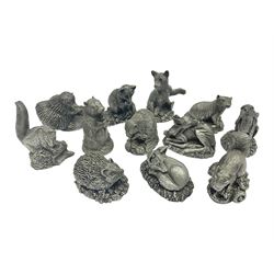 Twelve Franklin Mint cast pewter animal figures, including The Racoon, The Fox and The Squirrel, designed by Jane Lunger, tallest H5cm