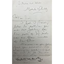 Hirst Walker (Staithes Group 1868-1957): two handwritten letters to fellow Staithes Group member Robert Jobling (1841-1923). 
The first, on York City and County Banking Co Ld Whitby headed paper, inscribed 'Dear Mr Jobling, I am extremely obliged for the 4/- postal order safely to hand. I only hope that another year I may have the pleasure of sending a cheque to you for pictures sold. I am sure you and Mrs Jobling have been most loyal to the Staithes Art Club. Faithfully yours, Hirst Walker.' 
The second being a copy of the Staithes Art Club Statement of Accounts for 1907, inscribed 'Dear Sir, I feel I hardly like to call on you and Mrs Jobling for the call of 2/- back now due from members of the Club. However - as you both paid your subscription - (tho' showing no work) - I feel you wish to be treated as are the other members. We have had another bad year. I hope that some entirely fresh arrangement mat be made for a future show; and that you and Mrs Jobling will contribute a full number of pictures. Yours faithfully, Hirst Walker. See inside.'