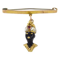 15ct gold enamel and pink stone set Blackamoor pendant, on gold bar brooch stamped 9ct
