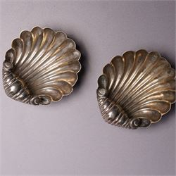 Edwardian engraved silver visiting card case Birmingham 1902 Maker Arthur Cook, silver cheroot case Birmingham 1906 Maker John Thompson & Sons, small silver sweetmeat dish, pair of shell salts, vesta case and a Norwegian silver fork by Th. Marthinsen