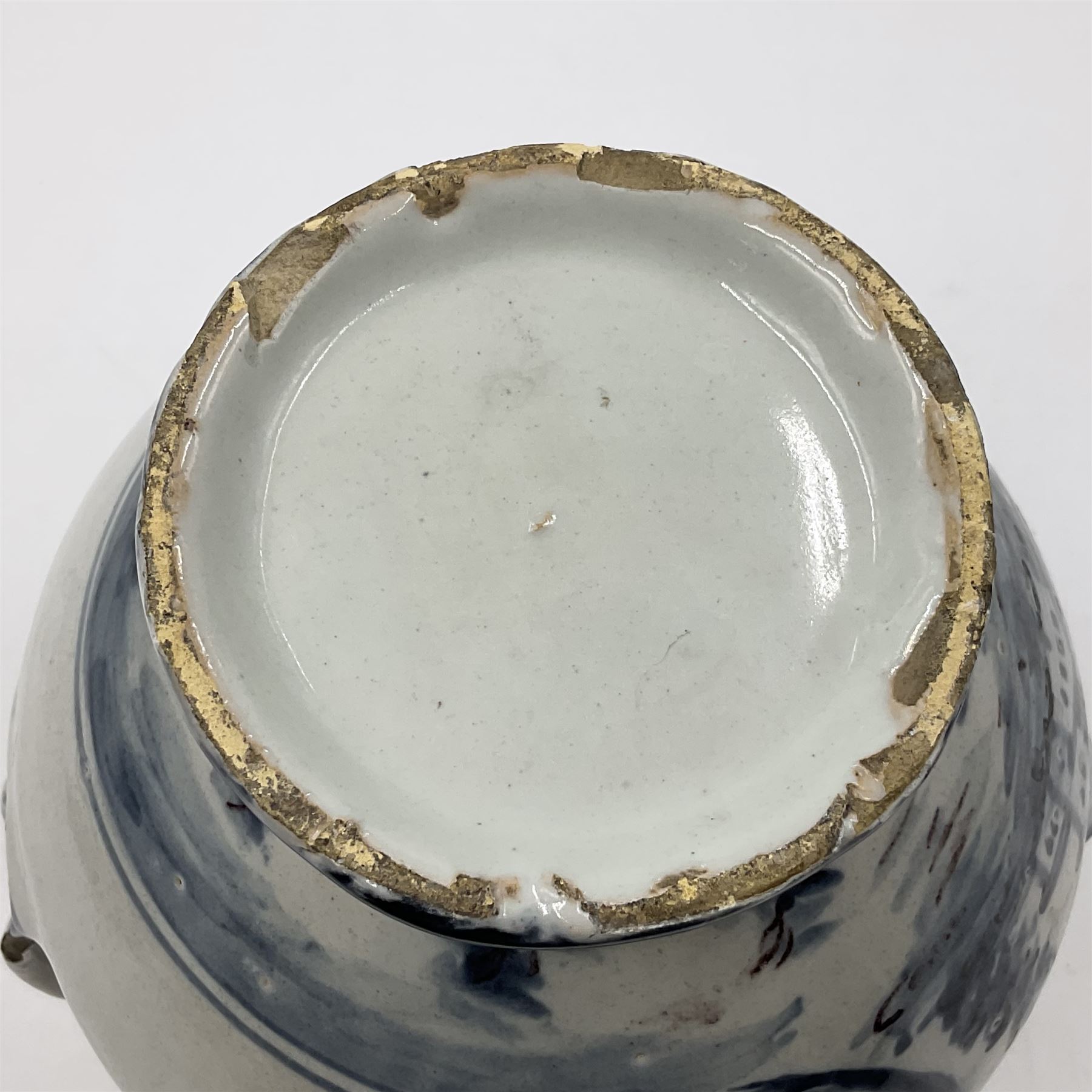 Tin glazed earthenware wet drug jug, decorated with cherubs in a landscape, H90cm 