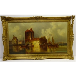  Carl Gessnitzer (German 19th Century): Dutch Waterfront, oil on canvas signed 50cm x 93cm  