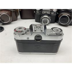 Four Zeiss Ikon camera bodies, to include, Contaflex Super B camera body, serial no. B31591, with 'Carl Zeiss Tessar 2.8/50 lens, serial no.3425553, Contaflex Super BC camera body, serial no. P81728, with 'Carl Zeiss Tessar 2.8/50' lens, serial no 4822280, etc, together with three cased lenses; 'Carl Zeiss Pro-Tessar 1:4 f=115mm' lens, serial no 3734740, 'Carl Zeiss Pr-Tessar 1:3.2 f=85mm' lens, serial no. 3647764 and 'Carl Zeiss Pr-Tessar 1:3.2 f=35mm' lens, and other Zeiss Ikon equipment 