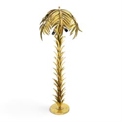 Manner of Maison Jansen - Large gilt metal floor standing standard lamp in the form of a palm tree, large foliage shade over twin branch lights and a leafy , on circular base