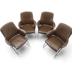 Set of four contemporary Senator executive cantilever chairs, upholstered in Padova hide, moulded back and integrated armrests, raised on a tubular chromed cantilever base