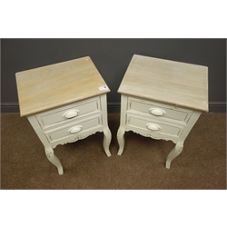  Pair painted French style bedside chests, two drawers, shaped apron, fleur de lis carved cabriole legs, W41cm, H67cm, D31cm  