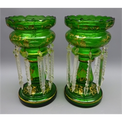  Pair Victorian green glass table lustres gilded with fruiting vines, H32cm   