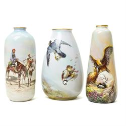 Pair of Tuscan China vases painted with Middle Eastern scenes signed R Haigh H18cm, another in similar subject and two other Tuscan China vases painted with birds