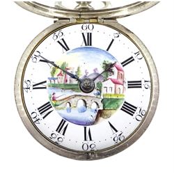 George III silver pair cased verge fusee pocket watch by David Crawford, Newcastle, No. 671, square baluster pillars, pierced and engraved balance cock, enamel polychrome dial depicting a figure fishing by a bridge, Roman hours and Arabic outer minute ring, beetle and poker hands, bull's eye glass, case markers mark D.P, London 1771