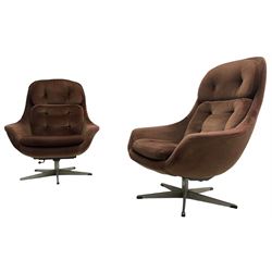 Pair of 1960s swivel armchairs with matching stool, upholstered in chocolate brown fabric, on chrome supports
