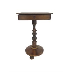 Victorian mahogany pedestal table, single drawer, carved and turned column on circular base