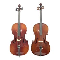 Two student half-size cellos - Boosey & Hawkes Artia with 65cm one-piece back and spruce top; bears maker's label; L104cm overall; and Romanian with 65.5cm two-piece maple back and ribs and spruce top; bears label; L108.5cm overall; each in soft carrying case with two bows (2)