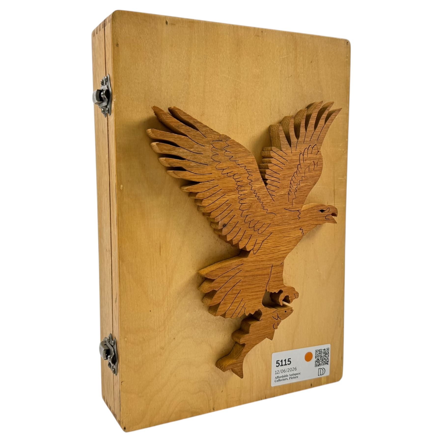 Falconry equipment, including two eyelet tools, various swivels, jessies, bells etc, within a wooden box  