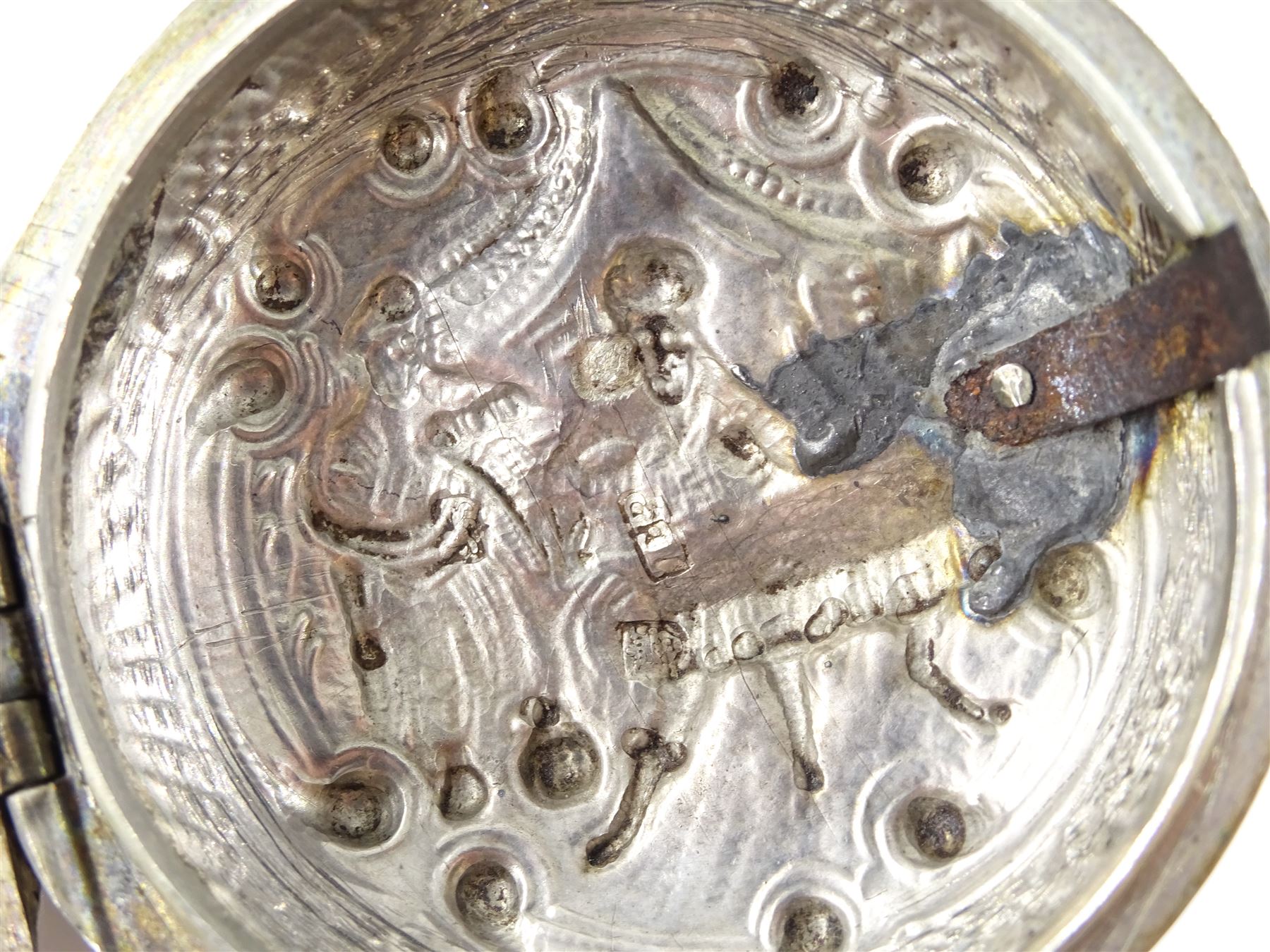 George III silver repousse pair cased verge fusee pocket watch by Samson, London,  No. 20384, square baluster pillars, the enamel polychrome dial depicting a sailor and sweetheart saying farewell, Roman hours and outer Arabic minute ring, inner case by James Richards, London 1793, the outer case depicting figures in an interior setting, with scroll borders interior scene makers mark T.P possibly Thomas Pepper