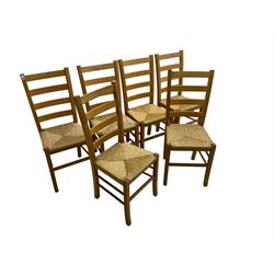 Set six beech ladder back dining chairs with rush seats